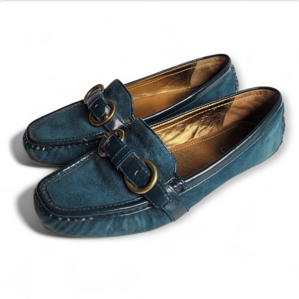 Women's Teal Suede Loafers with Buckle Accent